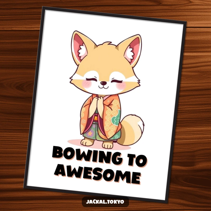 Funny Kawaii Jackal Poster: Elegant jackal in vibrant kimono bowing gracefully, a humorous piece of art for walls.