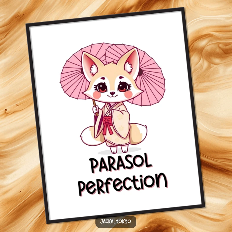 Funny kawaii jackal poster, twirling a parasol, elegant kimono, joyful arctic art, charming wall decor.
