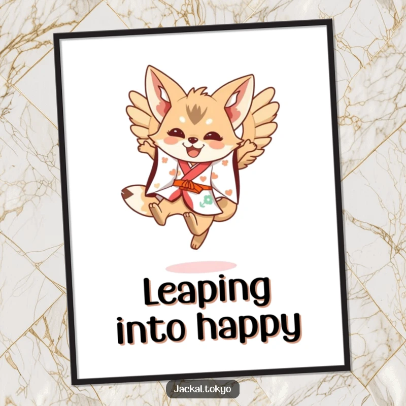 Funny Kawaii Jackal Poster: Festive kimono jackal leaping with spread wings, a dynamic and funny art piece.