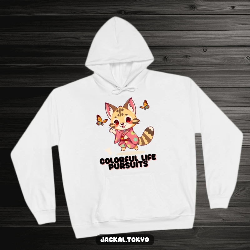 Funny playful jackal in a colorful kimono chasing a butterfly, featured on a cozy hoodie, embodying lighthearted fun.