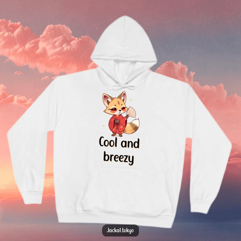 Funny hoodie featuring a jackal in a red kimono elegantly twirling a delicate fan, exuding artistic grace and charm.