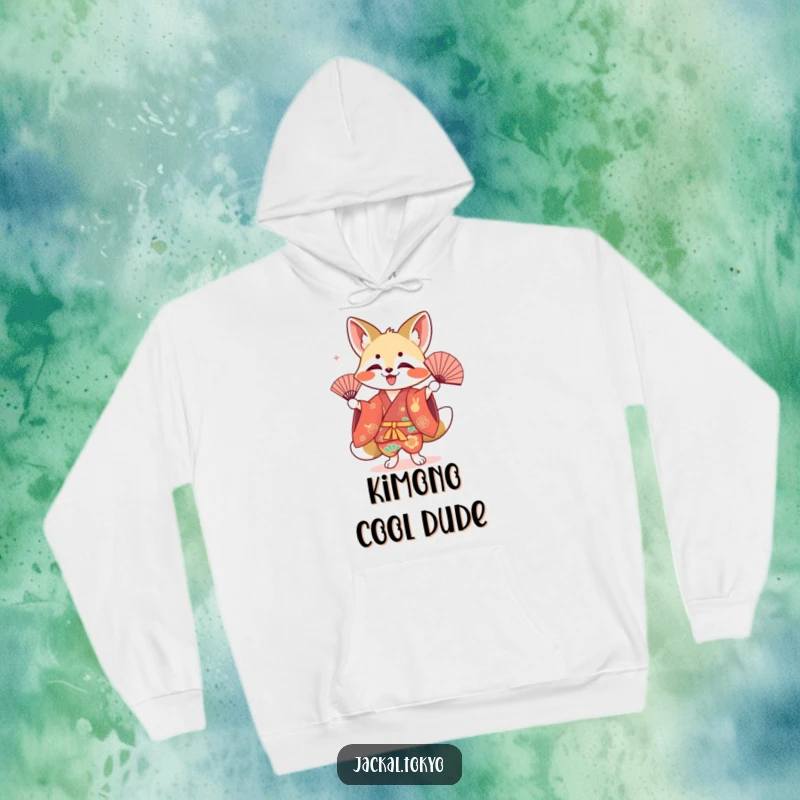 Funny kawaii jackal hoodie, performing a fan dance, colorful kimono, festive arctic apparel, soft fleece.