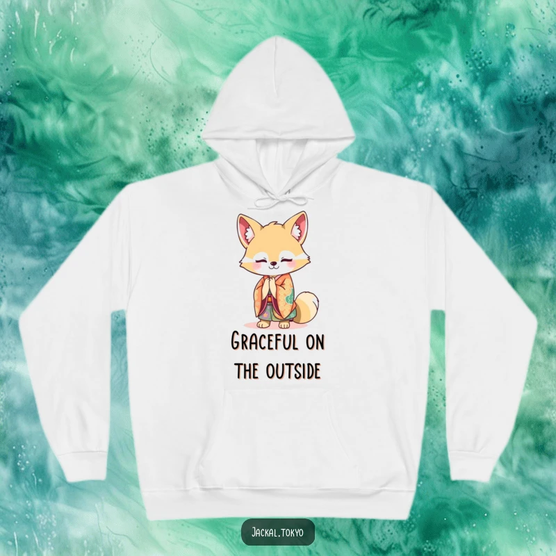 Funny Kawaii Jackal Hoodie: A cute jackal in a vibrant kimono bows gracefully, embodying funny elegance and warmth.