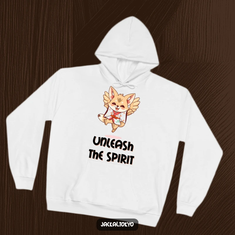 Funny Kawaii Jackal Hoodie: Festive kimono jackal leaping with wings spread, offering funny warmth and style.