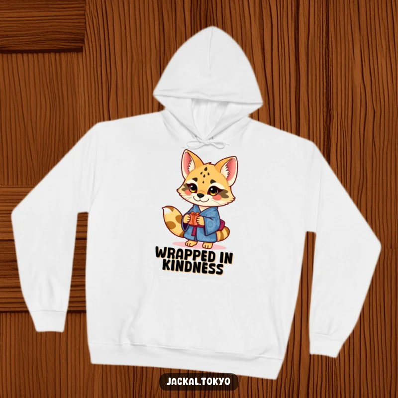 Funny charming jackal in an ornate blue kimono offering a small gift, featured on a cozy hoodie, radiating warmth.