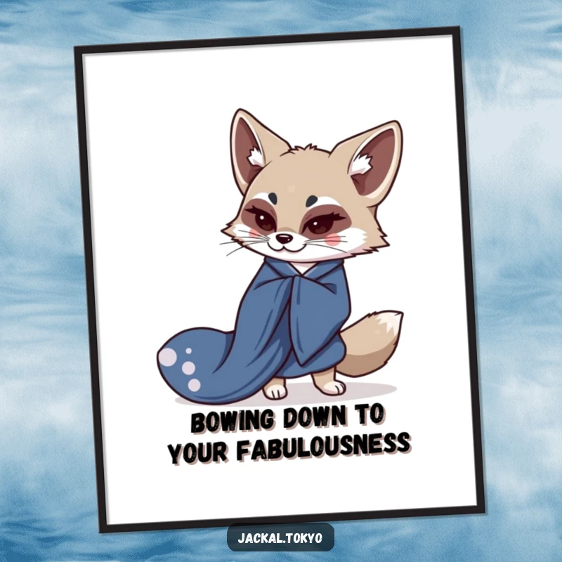Funny Free Printable Wall Art: A kawaii jackal in a flowing indigo kimono, bowing elegantly with understated humor.