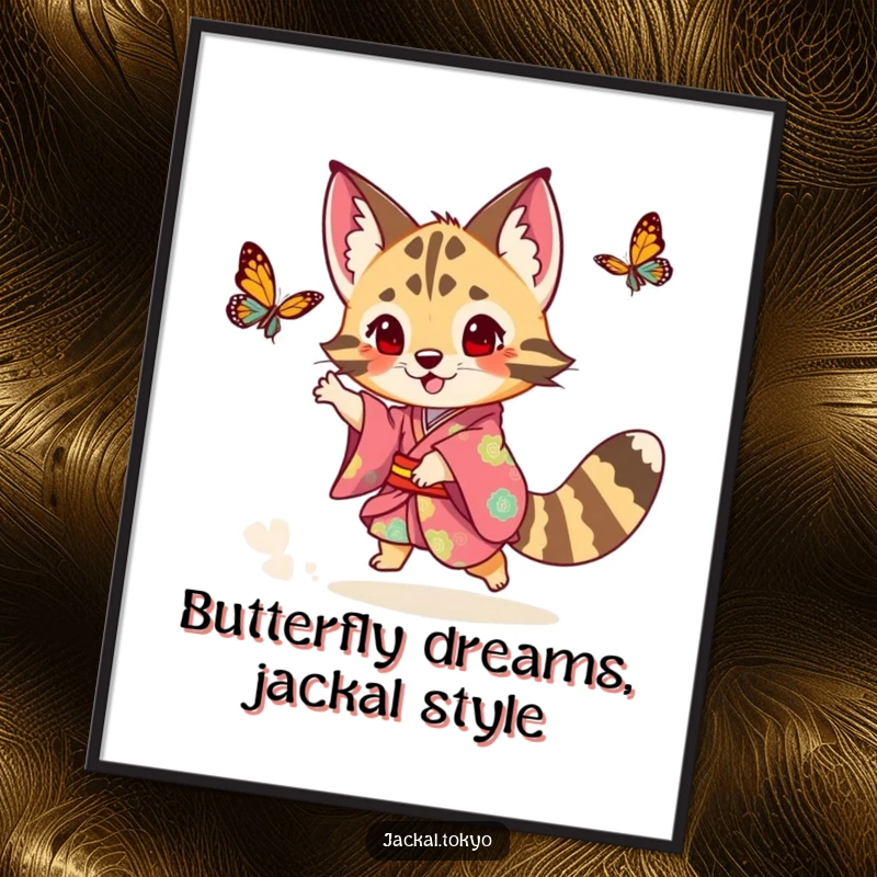 Funny Free Printable Wall Art: Energetic Jackal in a Colorful Kimono Chasing a Butterfly Through a Meadow