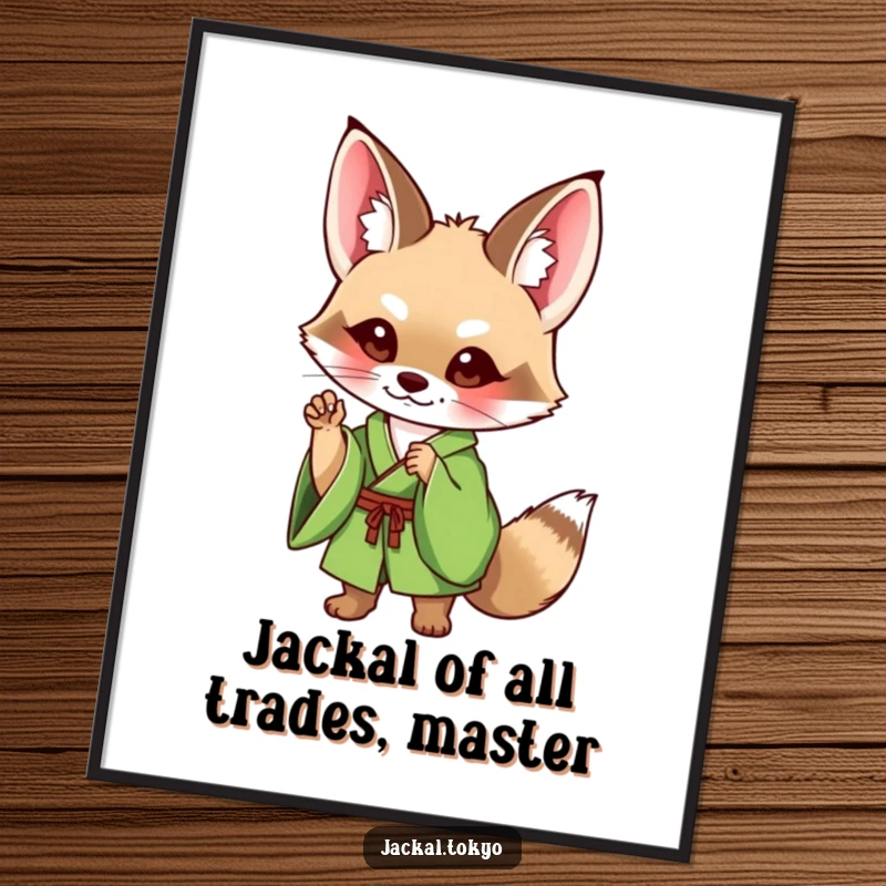 Funny Free Printable Wall Art featuring a cute jackal in a green kimono striking a charming and elegant pose, perfect for quirky decor.