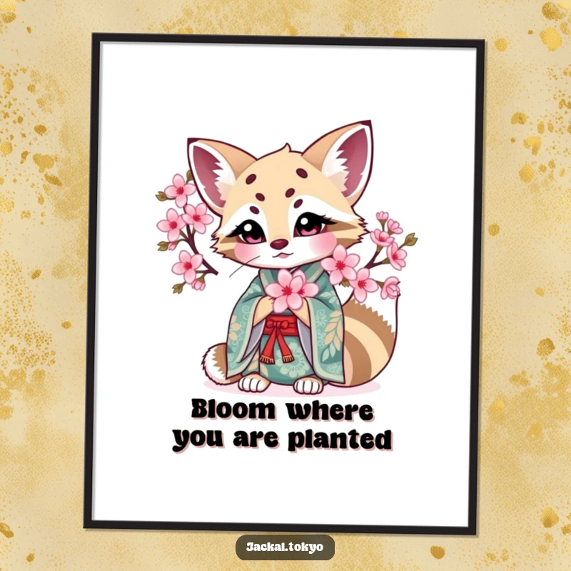Funny Free Printable Wall Art: Kawaii jackal in intricate kimono holding a blooming cherry blossom, radiating peace.
