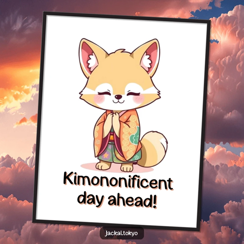 Funny Free Printable Wall Art: Kawaii jackal in a vibrant kimono bowing gracefully, adding a touch of elegance.