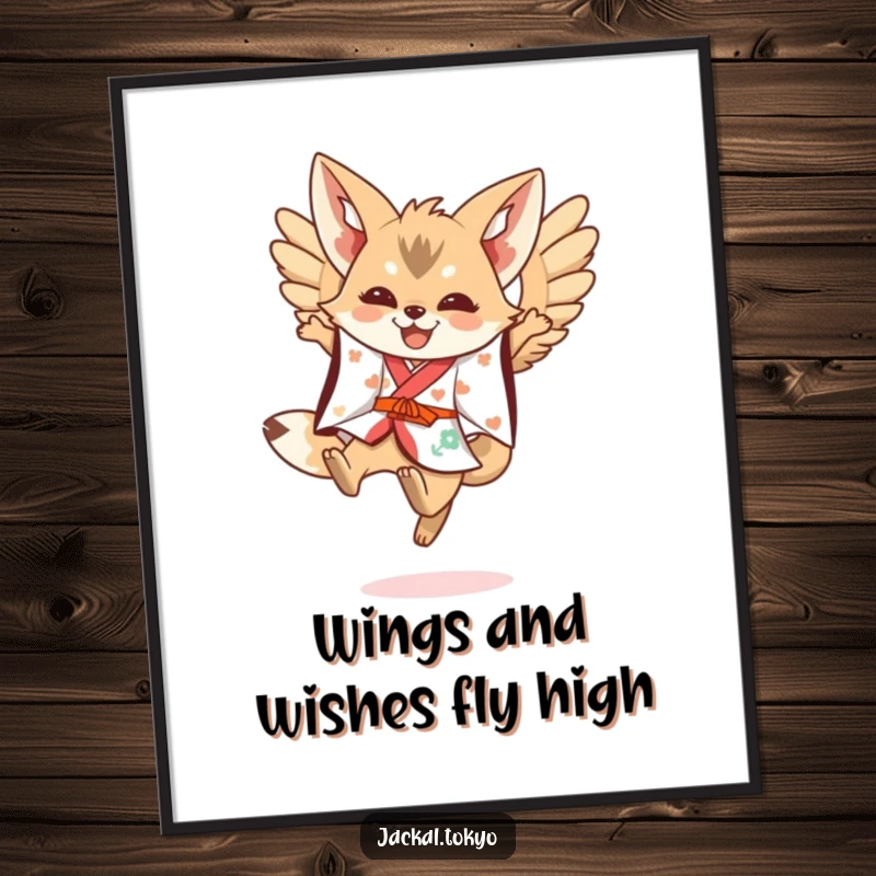 Funny Free Printable Wall Art: Kawaii jackal in a festive kimono leaping with wings spread, full of vibrant energy.