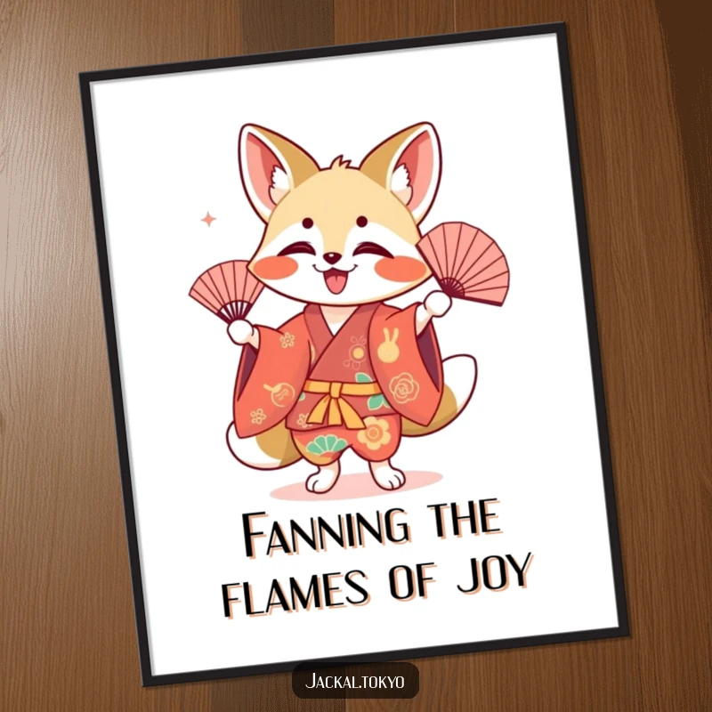 Funny Free Printable Wall Art: A kawaii jackal in a colorful kimono joyfully performing an elegant fan dance, full of vibrant artistry.