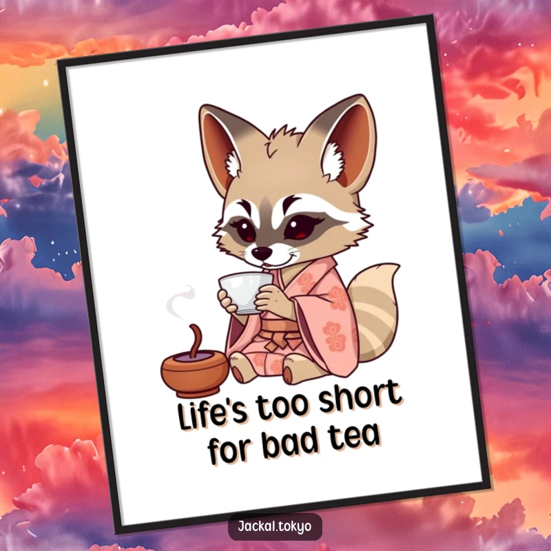 Funny Free Printable Wall Art depicting a jackal in a patterned kimono leisurely sipping tea from a tiny cup, adding calm.