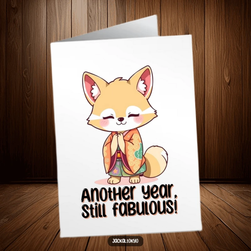 Funny Free Printable Birthday Card: Kawaii jackal in a vibrant kimono bowing with a gentle smile.