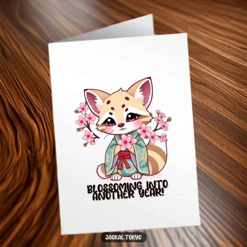 Funny Free Printable Birthday Card: Kawaii jackal in intricate kimono holding a blooming cherry blossom, serene and smiling.