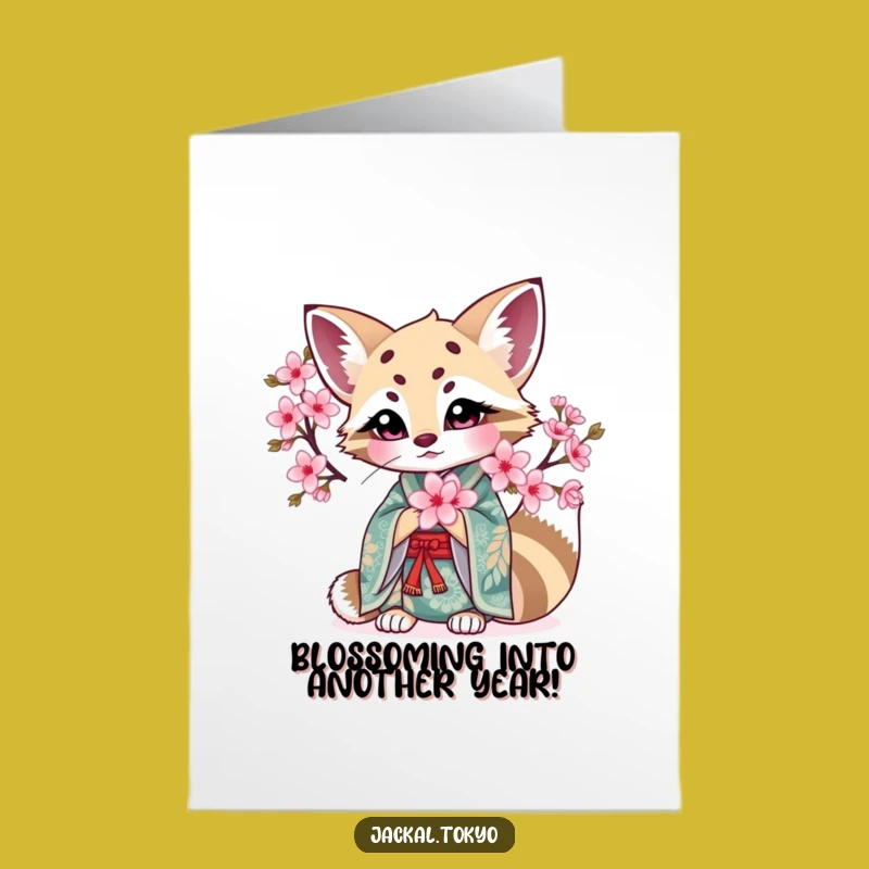 Free Printable Kawaii Jackal Cherry Blossom Birthday Card - Funny Gift
