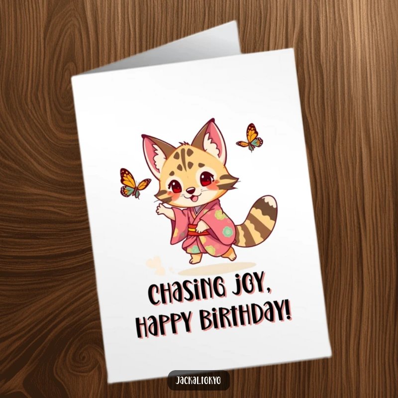 Funny Free Printable Birthday Card: Playful Jackal in Colorful Kimono Chasing a Delicate Butterfly with Glee