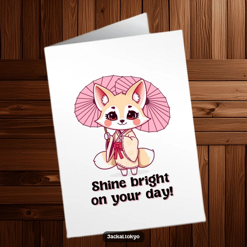 Funny Free Printable Birthday Card: Kawaii jackal in an elegant kimono playfully twirling a parasol, emanating stylish fun.