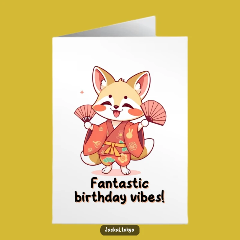 Free Printable Birthday Card: Kawaii Jackal Fan Dance, Funny Downloadable Gift