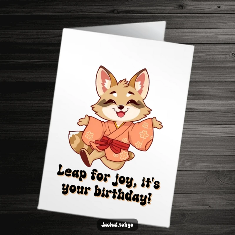 Funny Free Printable Birthday Card: A smiling jackal in a brightly colored kimono joyfully leaping through the air.