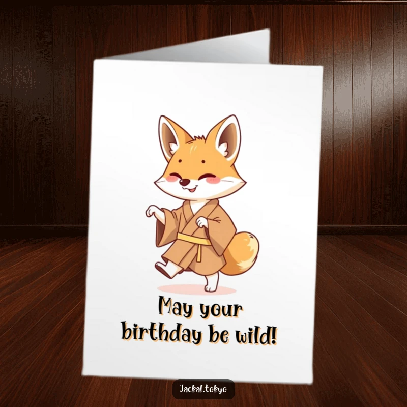 Funny Free Printable Birthday Card: Jackal in kimono doing a joyful shuffle dance, spreading birthday cheer with a downloadable design.