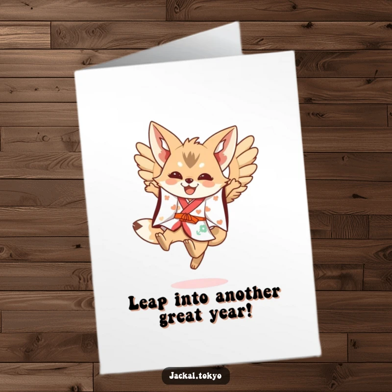 Funny Free Printable Birthday Card: Kawaii jackal in a festive kimono leaping with wings spread, celebrating joyfully.