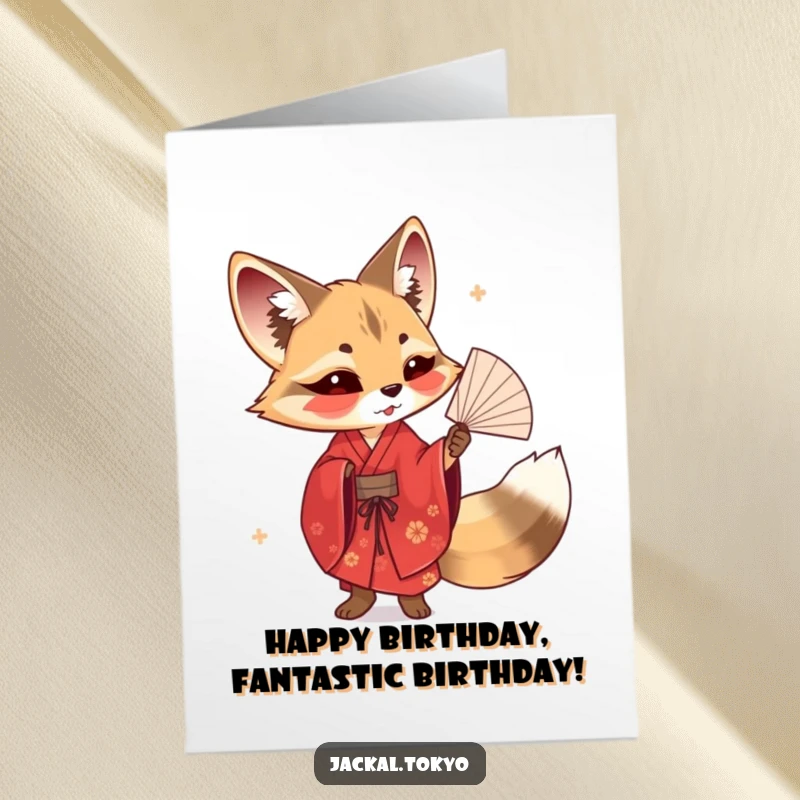 Funny Free Printable Birthday Card: A jackal in a red kimono elegantly twirling a delicate fan with a smile.