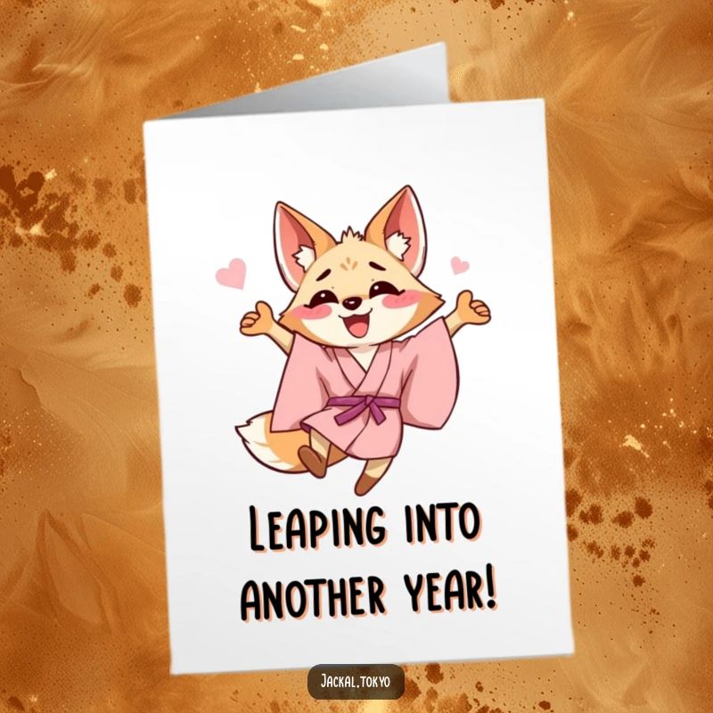 Funny Free Printable Birthday Card: Joyful Jackal in Pink Kimono Performing a Celebratory Leap with Exuberance