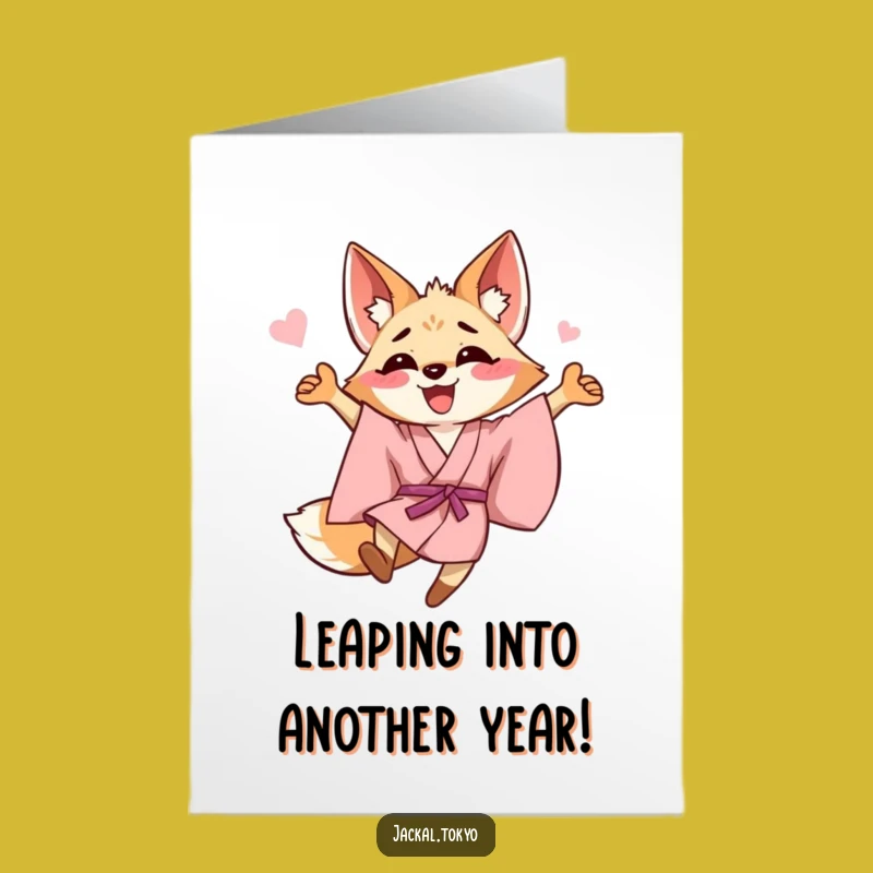 Free Printable Birthday Card: Jackal in Pink Kimono Funny Leap Downloadable Gift