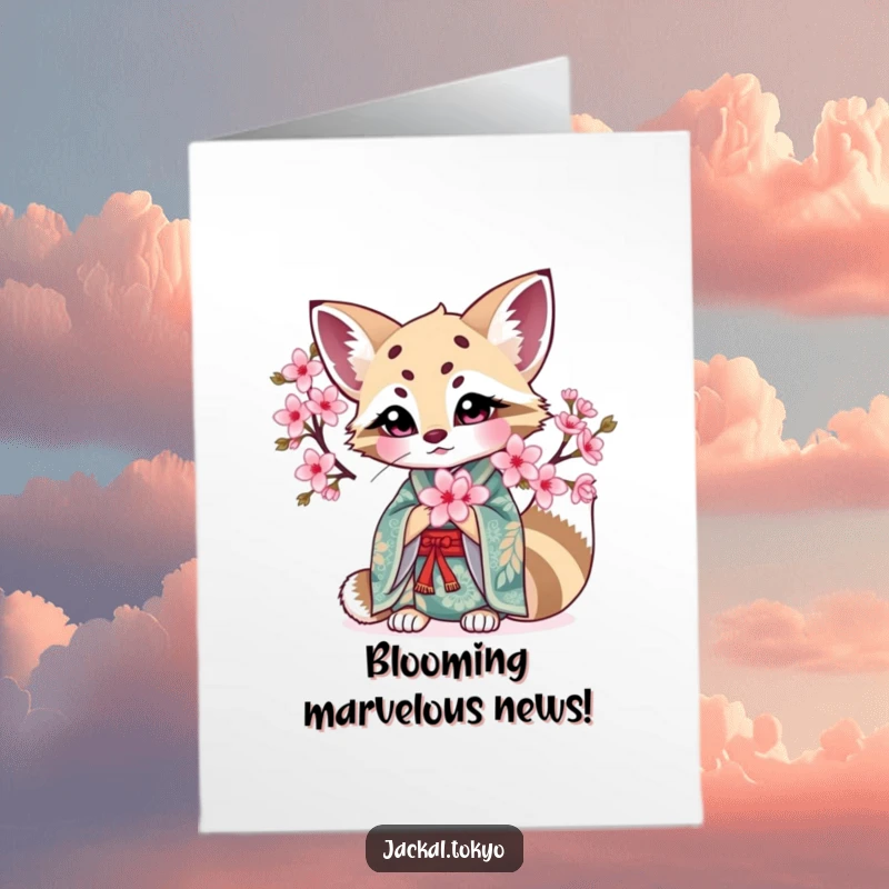 Funny Free Printable Congrats Card: Kawaii jackal in intricate kimono holding a blooming cherry blossom, celebrating success.