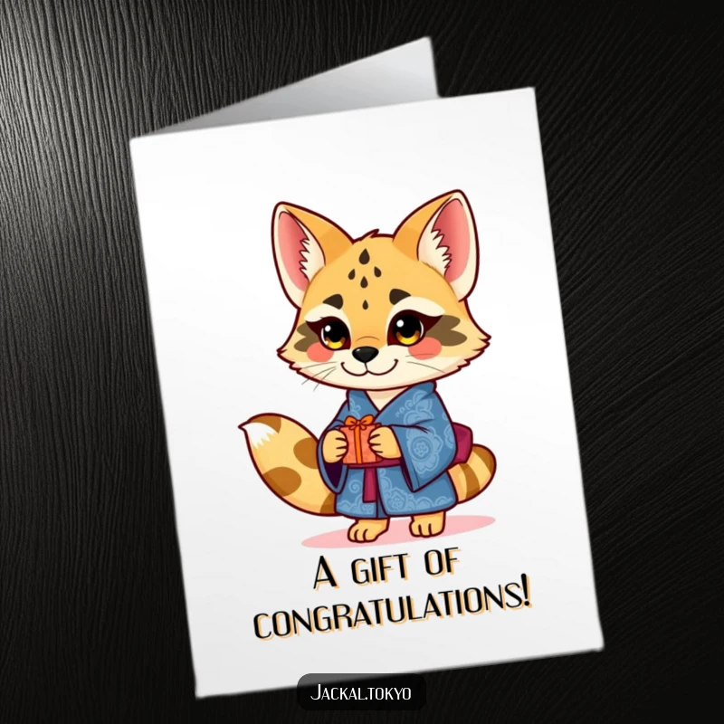 Funny Free Printable Congratulations Card: Polite Jackal in Blue Kimono Presenting a Small Gift Attentively