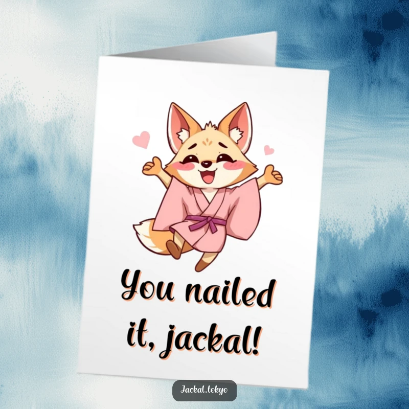 Funny Free Printable Congratulations Card: Ecstatic Jackal in a Flowy Pink Kimono Doing a Joyful Leap