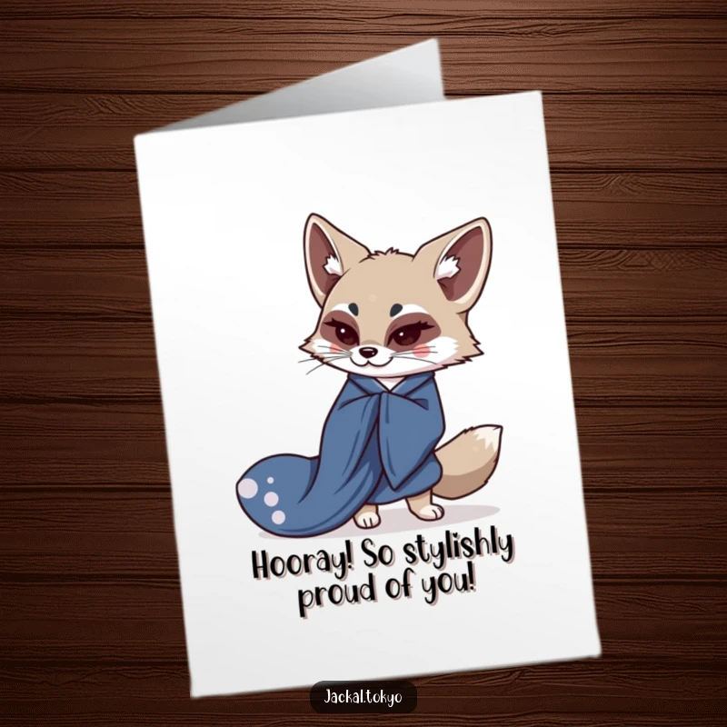 Funny Free Printable Congrats Card: A kawaii jackal in a flowing indigo kimono, bowing respectfully in celebration.