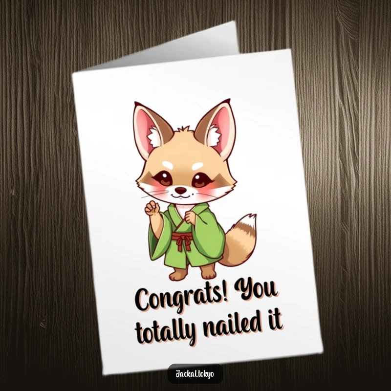 Funny Free Printable Congratulations Card showcasing a cute jackal in a green kimono with a sophisticated, charming pose.