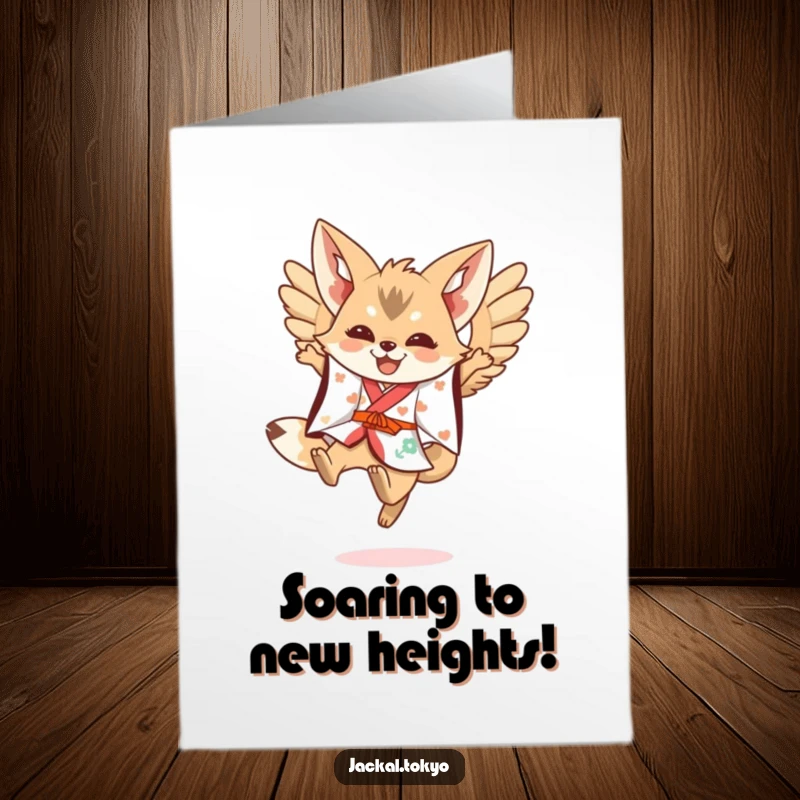 Funny Free Printable Congrats Card: Kawaii jackal in a festive kimono leaping with wings spread, conveying exciting news.