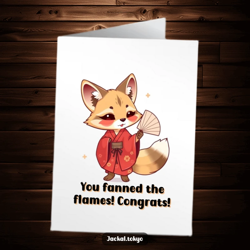 Funny Free Printable Congrats Card: A jackal in a red kimono twirling a delicate fan to celebrate your win.