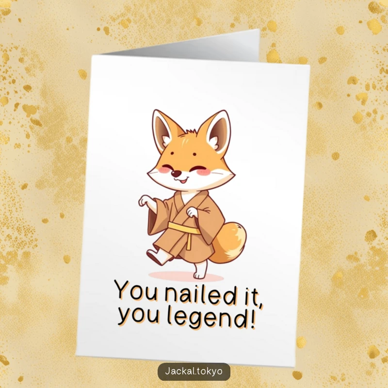 Free Printable Congratulations Card: A lively jackal in a brown kimono performing a fun shuffle dance, perfect for celebrating achievements.