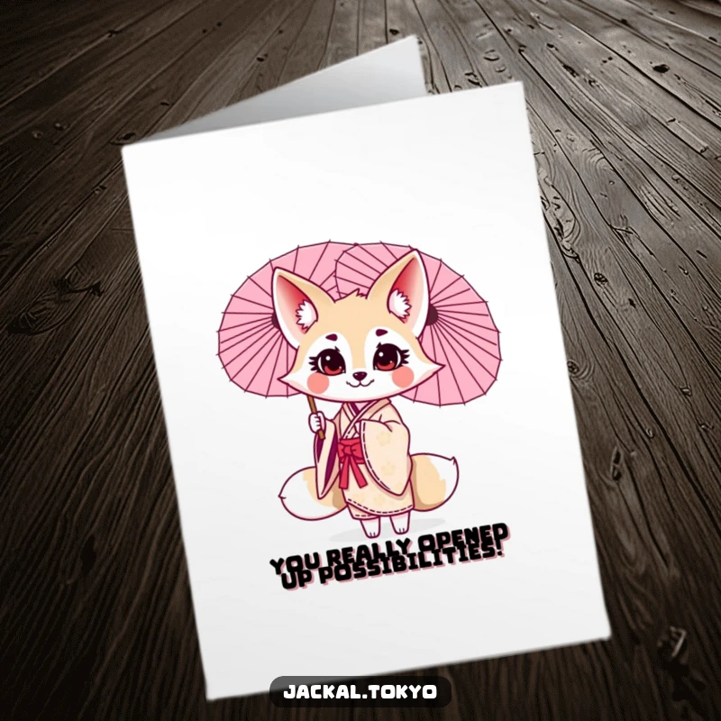 Funny Free Printable Congratulations Card: A kawaii jackal in an elegant kimono playfully spinning a parasol, celebrating a wonderful accomplishment.