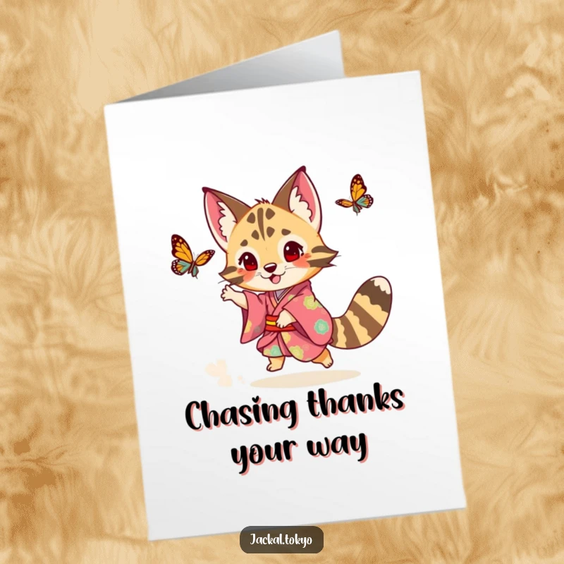 Funny Free Printable Thank You Card: Playful Jackal in Colorful Kimono Chasing a Butterfly Happily