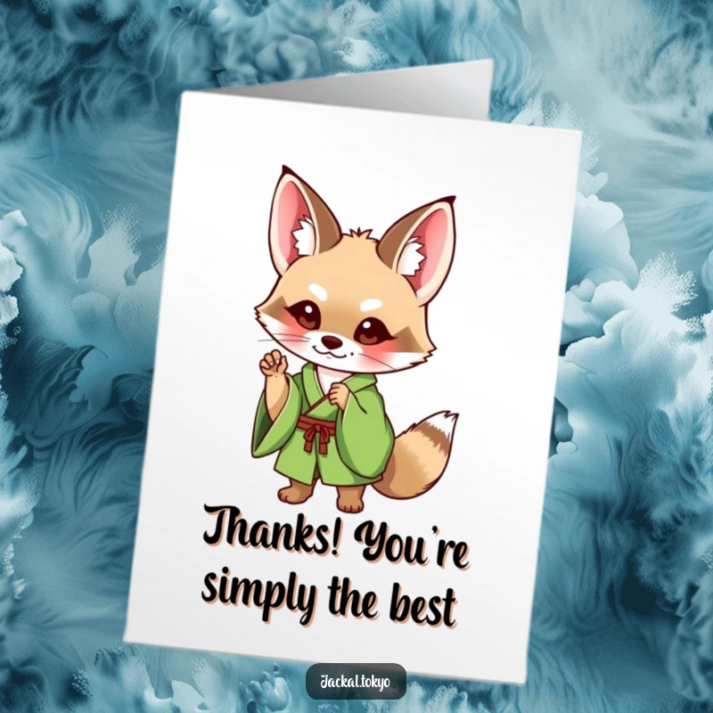 Funny Free Printable Thank You Card with a cute jackal in a green kimono striking an elegant, thankful pose.