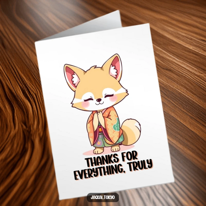 Funny Free Printable Thank You Card: Kawaii jackal in a vibrant kimono bowing with a sweet, appreciative smile.