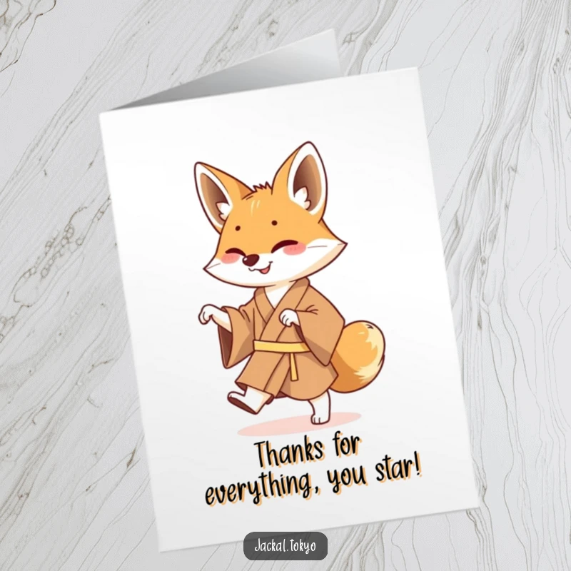 Funny Free Printable Thank You Card: Jackal in a kimono doing a happy shuffle dance, conveying thanks with downloadable humor.