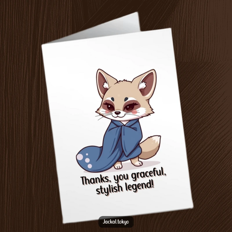 Funny Free Printable Thank You Card: A kawaii jackal wearing an indigo kimono, bowing gracefully to show thanks.