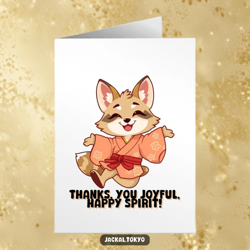 Funny Free Printable Thank You Card: A smiling jackal in a bright kimono leaping to express thanks with joy.