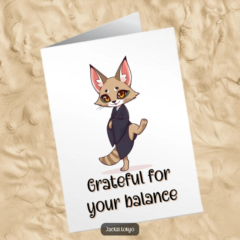 Funny Free Printable Thank You Card: Calm Jackal in Dark Kimono Perfectly Balancing on One Leg