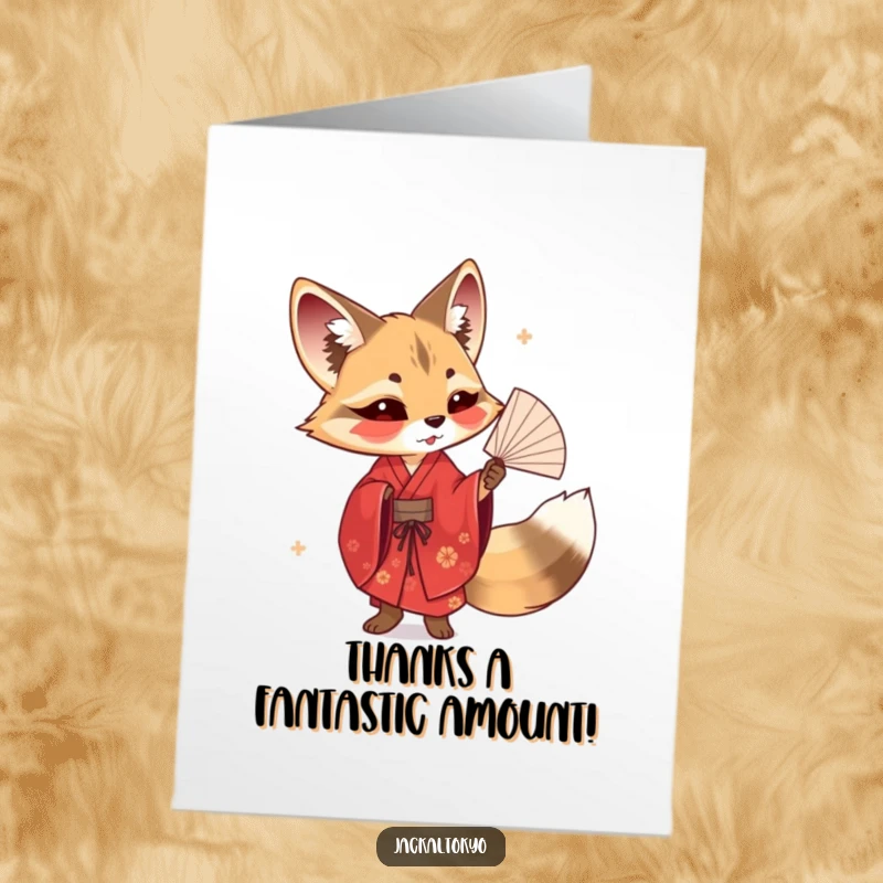 Funny Free Printable Thank You Card: A jackal in a red kimono twirling a delicate fan to express sincere thanks.