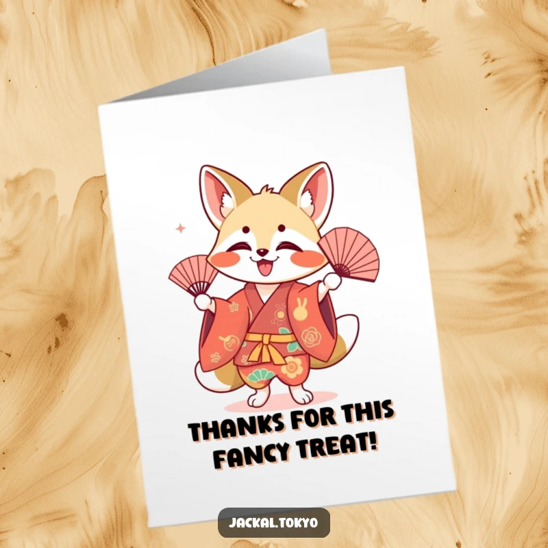 Funny Free Printable Thank You Card: Kawaii jackal in a colorful kimono joyfully dancing with a fan, expressing thanks with grace.