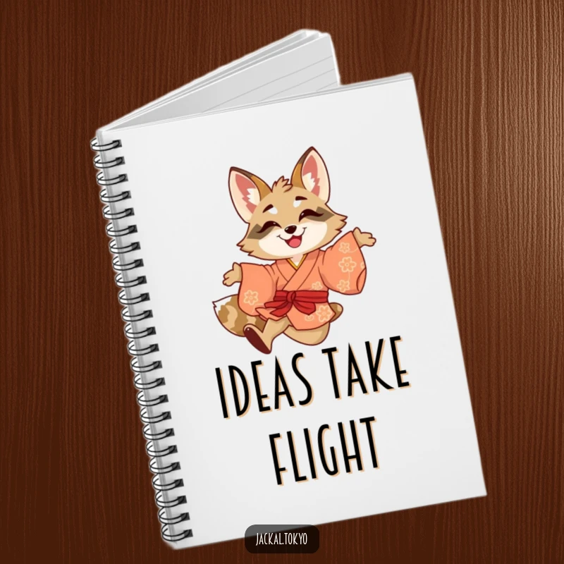 Funny notebook featuring a smiling jackal playfully leaping in a brightly colored kimono, perfect for jotting notes with playful flair.