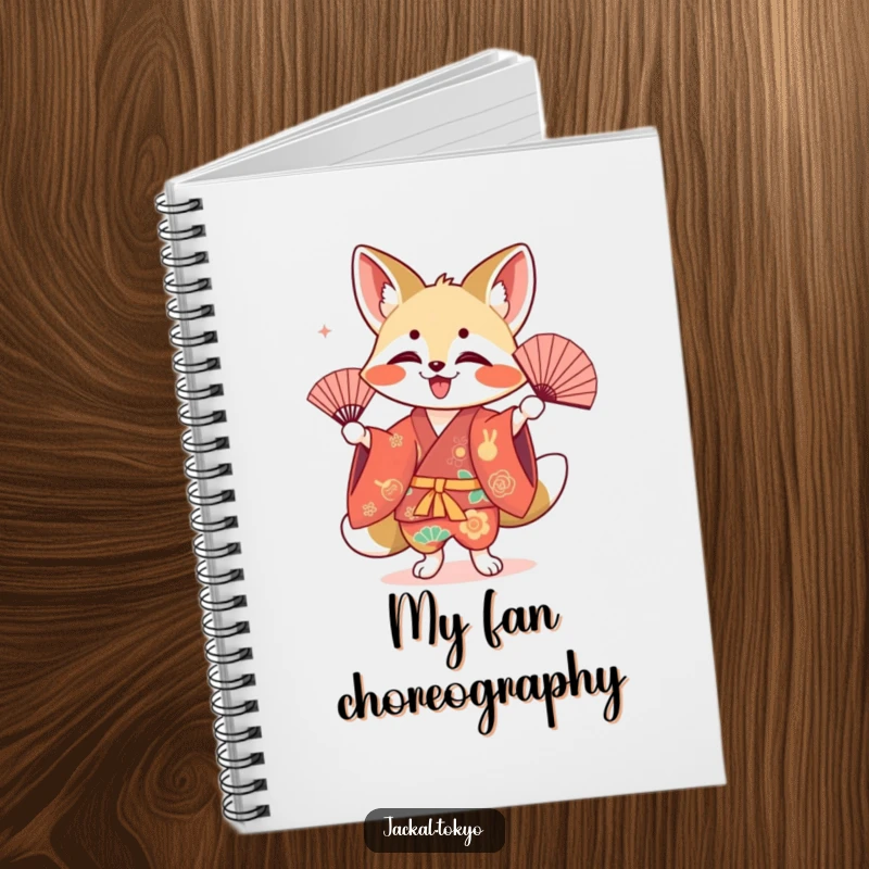 Funny kawaii jackal notebook, performing a fan dance, colorful kimono, cute journal, lined pages.