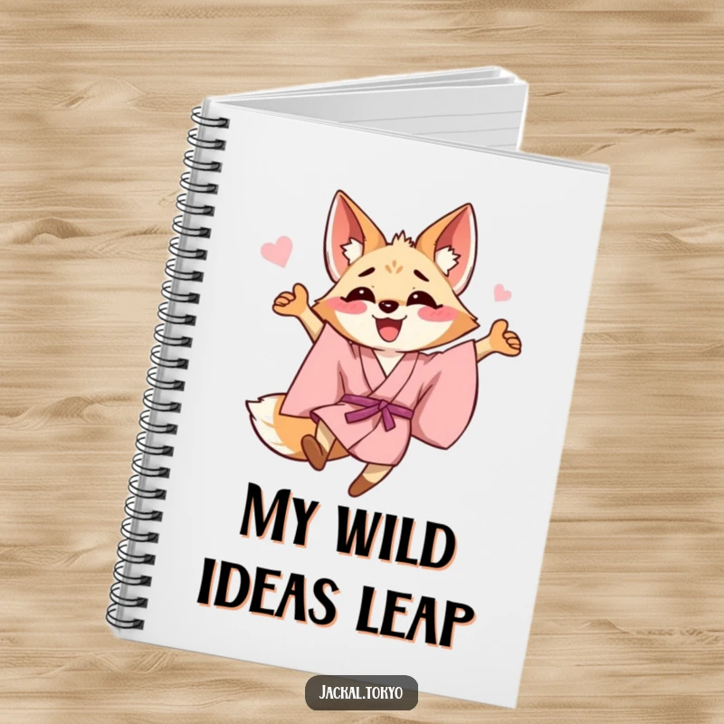 Funny happy jackal in a pink kimono leaping joyfully, depicted on a notebook cover, encouraging creative and happy writing.